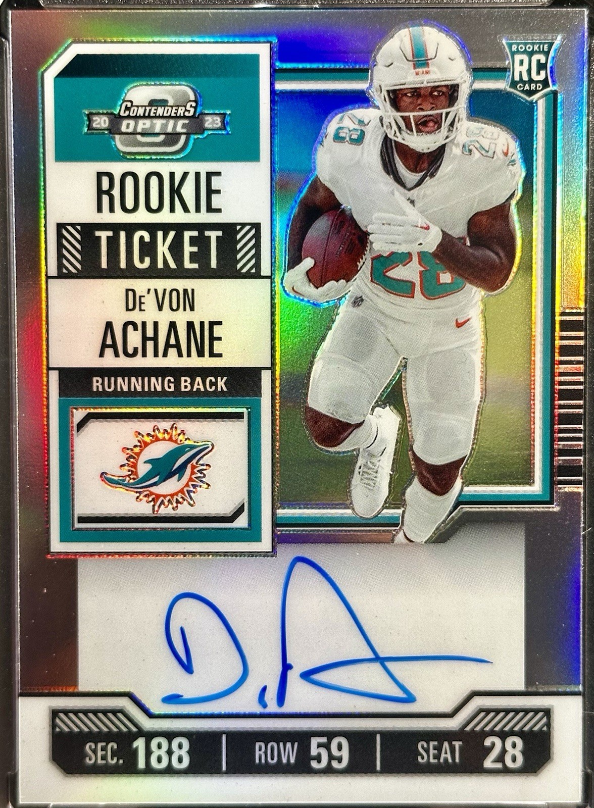2023 Contenders Optic - Rookie Ticket De'Von Achane Silver Prizm On Card Auto