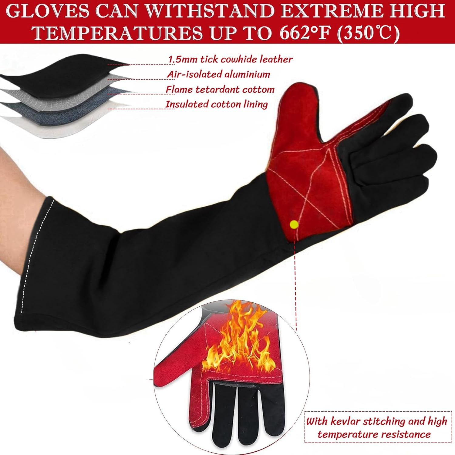 23.6" Long Sleeve Welding Gloves, Heat Resistant Leather, Heavy Duty, 1 Pair