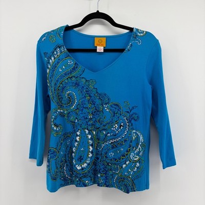 Ruby Rd Blue Paisley Print V Neck 3/4 Sleeve Top Women's Size Small