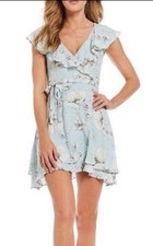 Free People Dress French Quarter Floral Wrap Women’s Sz L Light Blue Flutter Hem