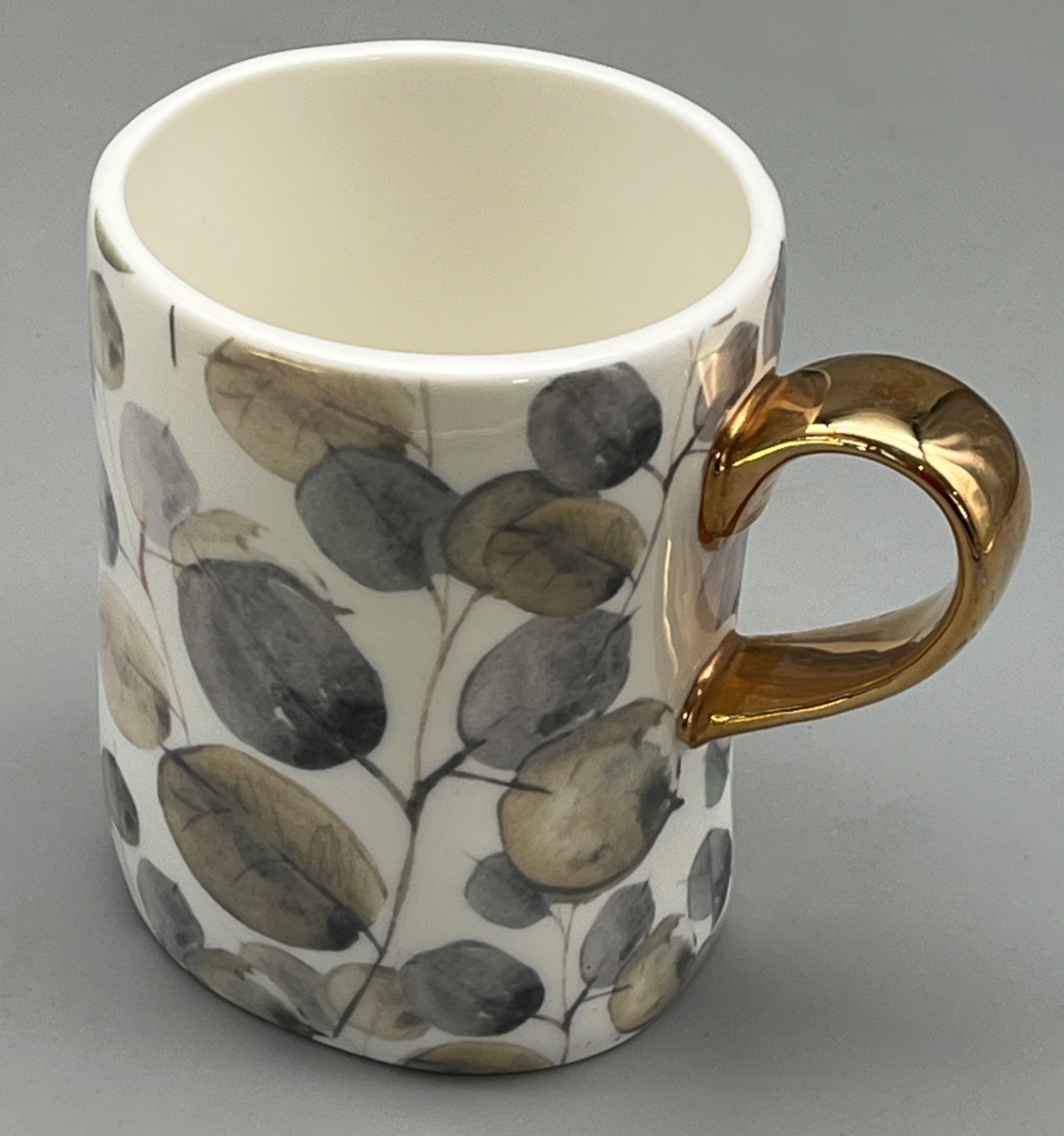 Pier 1 Imports Ceramic Coffee Tea Mug Cup Leaves Leaf Sleek Modern Gold Handle