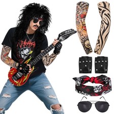 Gvhntk Halloween 80s Rocker Costume Set for Men Hippie Wig Tattoo Sleeve...
