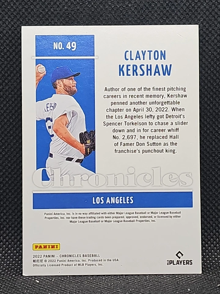 2022 Panini Chronicles #49 Clayton Kershaw - Los Angeles Dodgers Baseball Card  - Image 2 of 2