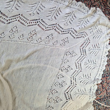 Vintage Baby Shawl Blanket Cream Handmade Knitted 1960s Wool 1.5M Square READ