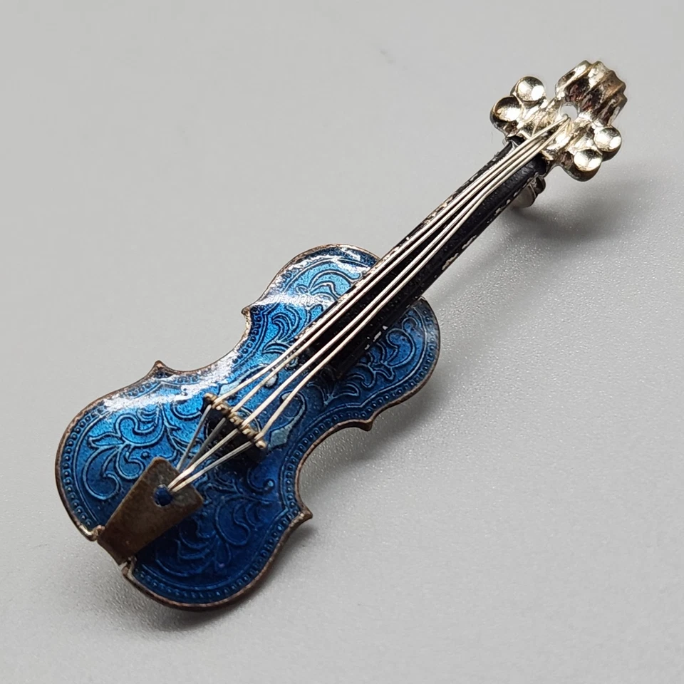 Broche de violín guilloche azul vintage Alemania Occidental esmalte viola violonchelo prendedor LEER Foto 3 de 4