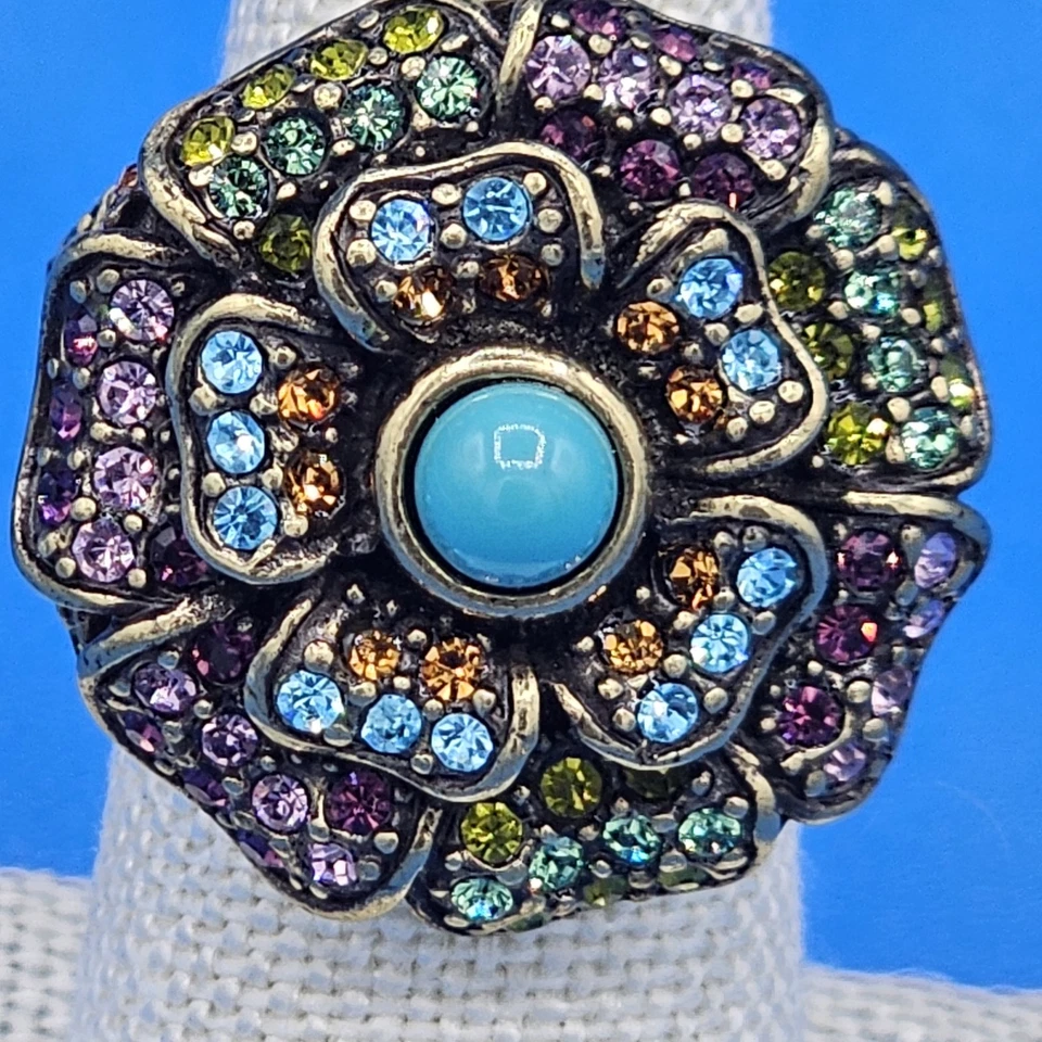 Heidi Daus Swarovski Crystals Faux Turquoise Flower Statement 6 Cocktail Ring - Image 2 of 4