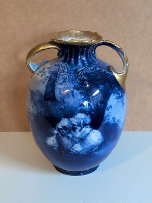 Antike Royal Doulton Vase blau Kinder Babes im Wald vergoldet 
