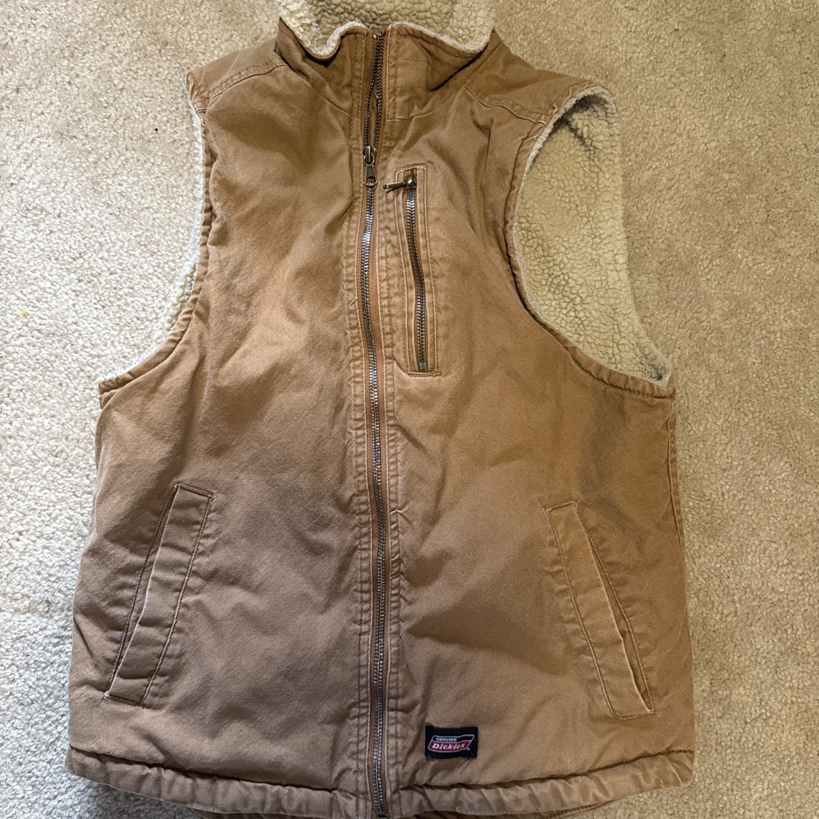 Dickies Mens Khaki Sherpa Lined Zip Work Vest Size Small 34/36