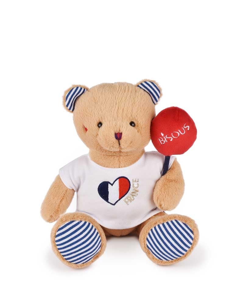 Peluche bisous ours beige de 25 cm, doudou haut de gamme en velours pour enfants