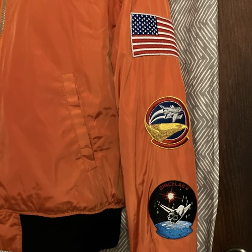 Forever 21 Jacket Mens Small Orange Nasa Jacket Flight Bomber Patches - Picture 2 of 7