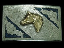 TE13139 VINTAGE 1970S  HORSE  SOUTHWESTERN DESIGN ART BELT BUCKLE