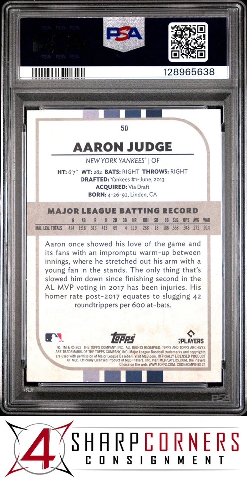 2021 TOPPS ARCHIVES SNAPSHOTS #50 AARON JUDGE POP 3 PSA 9 - Image 2 of 3