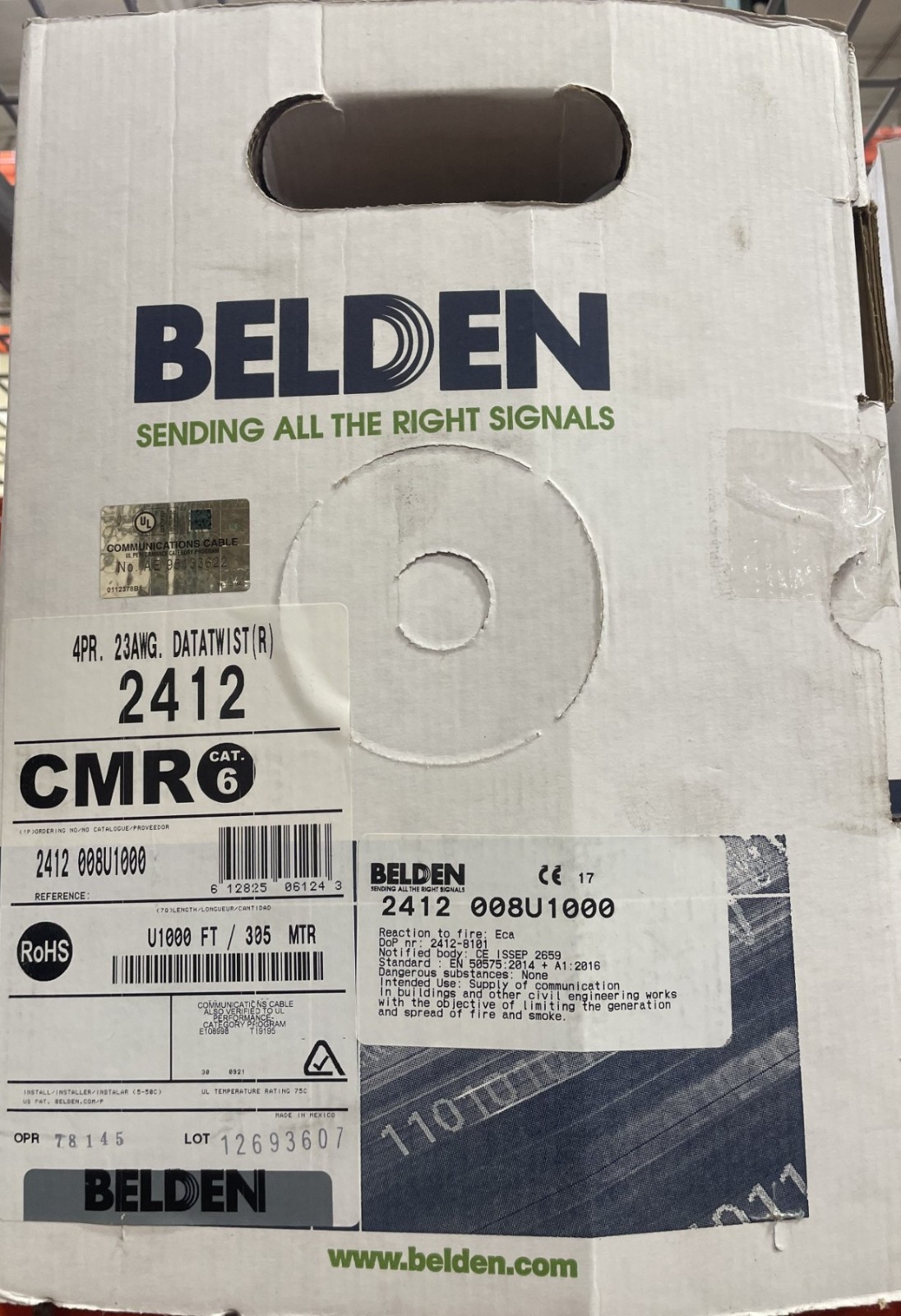 Belden 2412 008U1000 CAT6+ Network Cable 4-Pair U/UTP CMR, 23AWG, 1000 ft, Gray