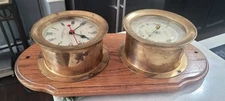 Brass Barometer and Ship's Clock on Wood - Emory & Douglas Co.