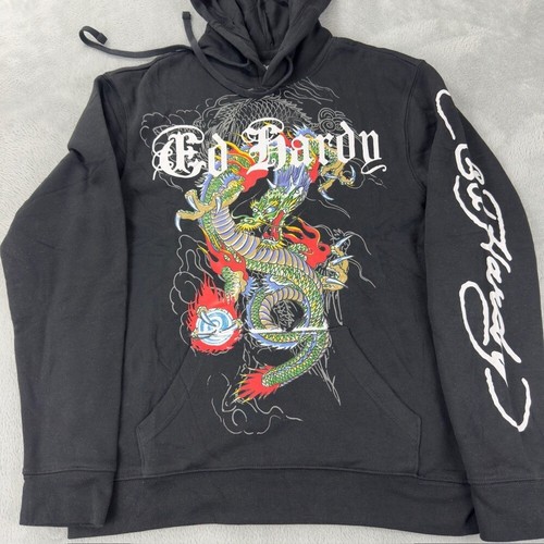 Ed Hardy Green Dragon Graphic Black Hoodie Men’s Size M - Picture 12 of 14
