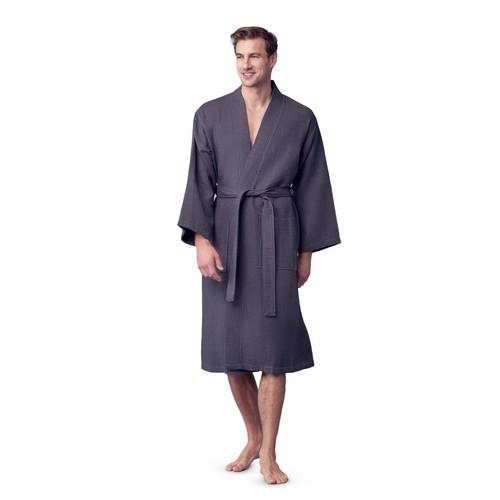 Bata de baño Lotus de lino para hombre con patrón cuadrado de gofres ropa de spa con 2 bolsillos delanteros - Imagen 86 de 95