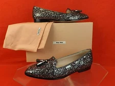 NIB MIU MIU 5S8518 SILVER ARDESIA GLITTER TASSEL SMOKING SLIPPER FLATS 39.5