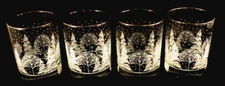 Double Old Fashion Glasses Winter Scene Trees Set of FOUR Excellent Condition