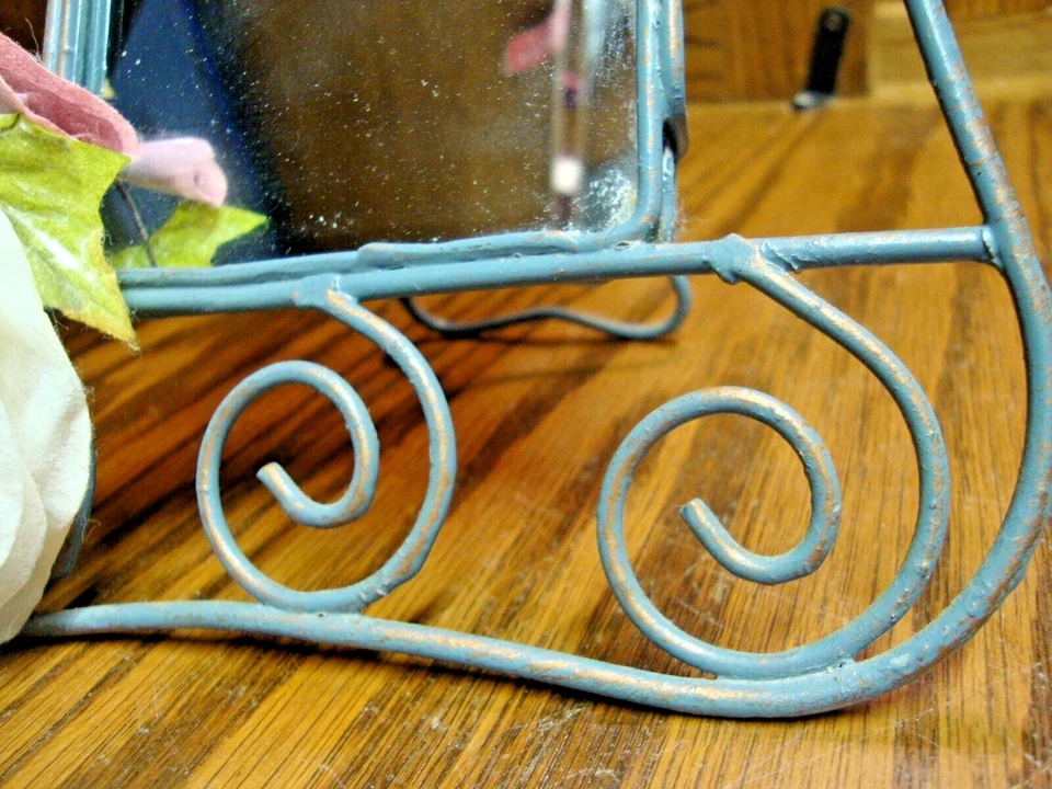 Vtg Rustic Distressed Scrolled Metal Frame w/3.5"x 5" Mirror+ Flower~Leaves D24 - Image 4 of 4