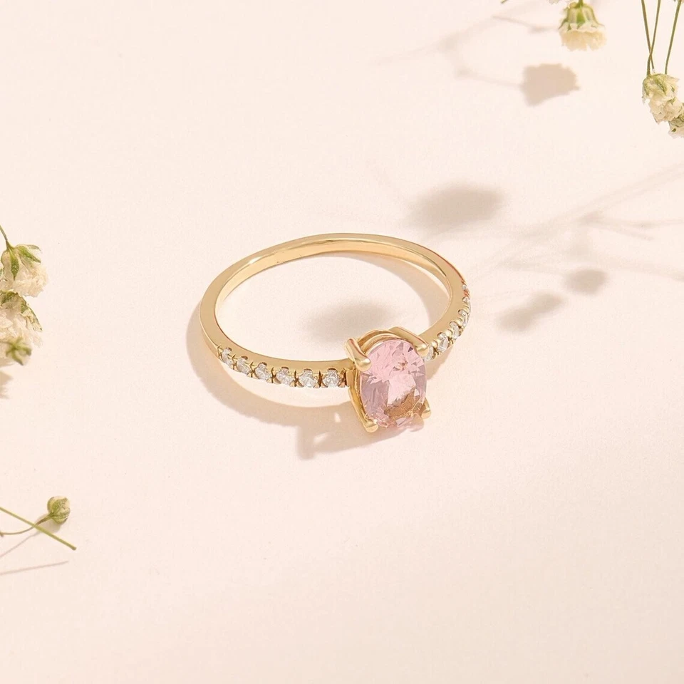 1.2 Ct Oval Cut Lab-Created Peach Morganite Side Stone Ring 14K Rose Gold Plated - Image 2 of 4