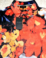 NEW TED BAKER, MEN'S MEDIUM UK SIZE 3, FLORAL  LINEN PRINTED POLO, MSRP 175.00 