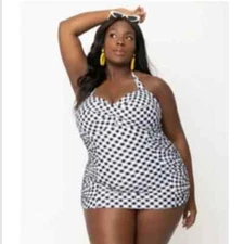 Unique Vintage Corrine Sheath One Piece Retro Swimsuit Black & White Gingham XL