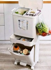 Large 3 Tier Recycling Rubbish Bin Kitchen Waste Trash Can w/ Wheels 42L Bin