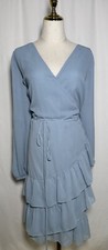 1.State Wrap Dress 24W Dusty Blue Tiered Long Sleeve Chiffon Belted V-Neck $119