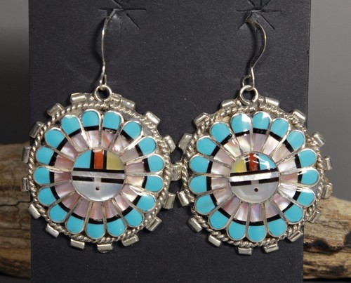 Zuni Inlay Turquoise EARRINGS SunFace Esther Niiha - Picture 1 of 4