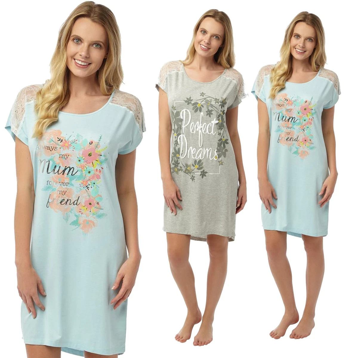 Womens Short Sleeve Night Dress Nighty Soft Viscose Mum Gift Lace Trim UK 8 24