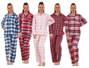 Womens Pure Cotton Long Sleeve Check Button Up Pyjama Set PJ/'S Ladies Nightwear