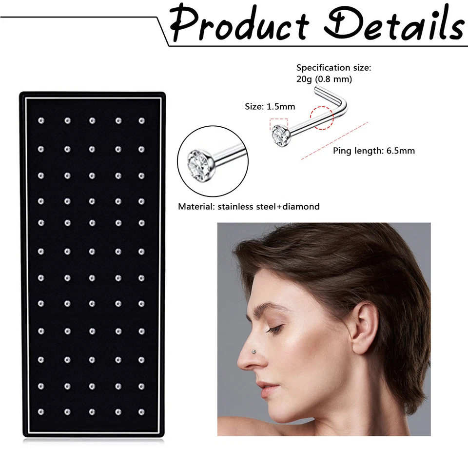 60 piezas 20G en forma de L circonita cúbica anillos nariz hueso perno acero inoxidable cuerpo piercing joyería Foto 2 de 4