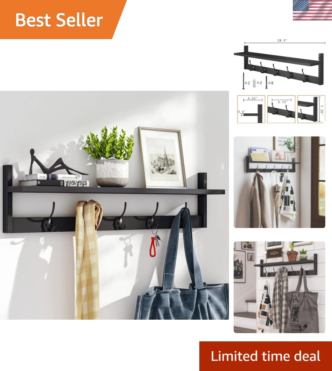 Wall-Mounted Shelf with Hooks - 28.9 Inch Entryway Hanging Shelf with 5 Dual ...