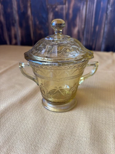 Vintage 1930s Federal Glass Co Madrid Amber Sugar Jar W/Lid