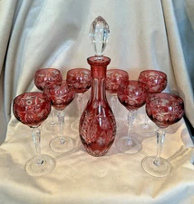 Nachtmann Traube Cranberry Crystal 8 Wine Hock Glasses And Decanter Set Signed