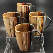 Home Trends Bazaar Brown Mugs 16oz Set of 4 Square Stoneware Stripes