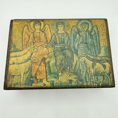 Vtg Rustic Wood Trinket Box   Byzantine Style Religious Icon Art Angels & Sheep