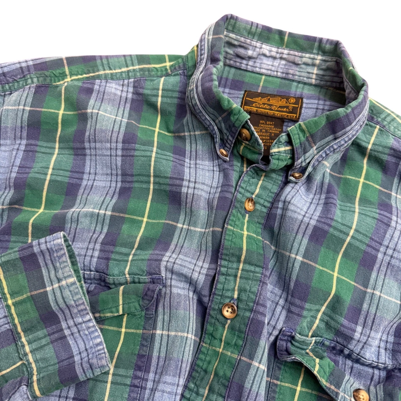 Eddie Bauer Mens Large Green Blue Plaid Cotton Flannel Shirt Long Sleeve 016412