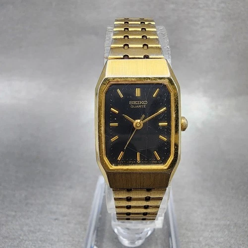 Seiko Tank Watch Women 17mm Black Dial Gold Tone 2Y01-5D20 Rectangle New Battery