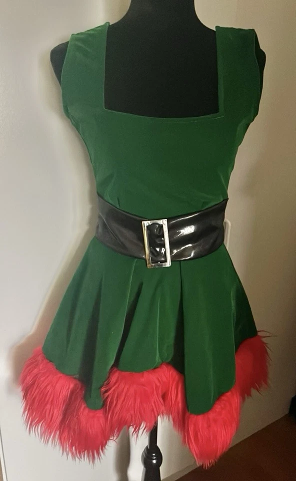Roma Santa's Head Elf Green Velvet Dress w/ Red Trim Costume C188 Size XS-S - Image 2 of 4