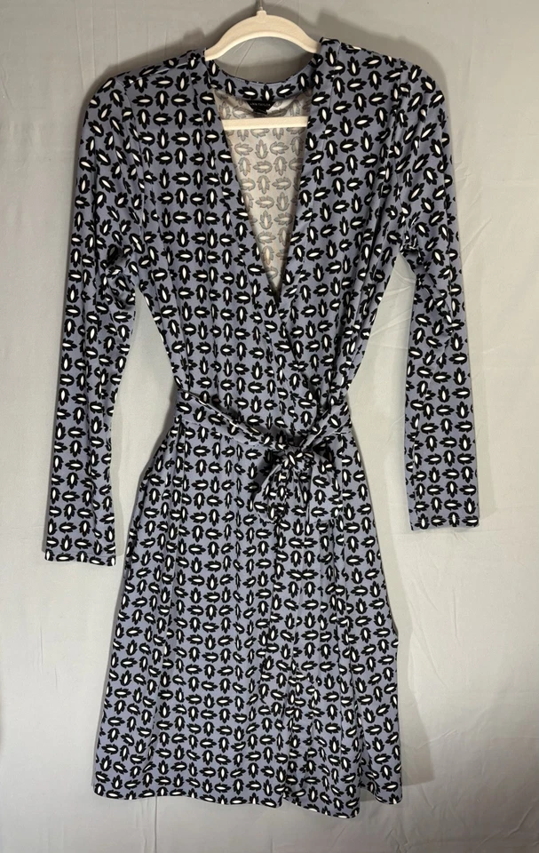 VESTIDO JERSEY MUJER ANN TAYLOR AZUL ESTAMPADO MANGA LARGA SIEMPRE ENVOLVENTE Talla 10 Foto 2 de 4