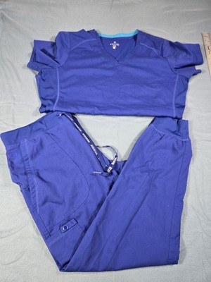Med Couture Touch Women's V-Neck Scrub Top and Pants Set Size L Blue 