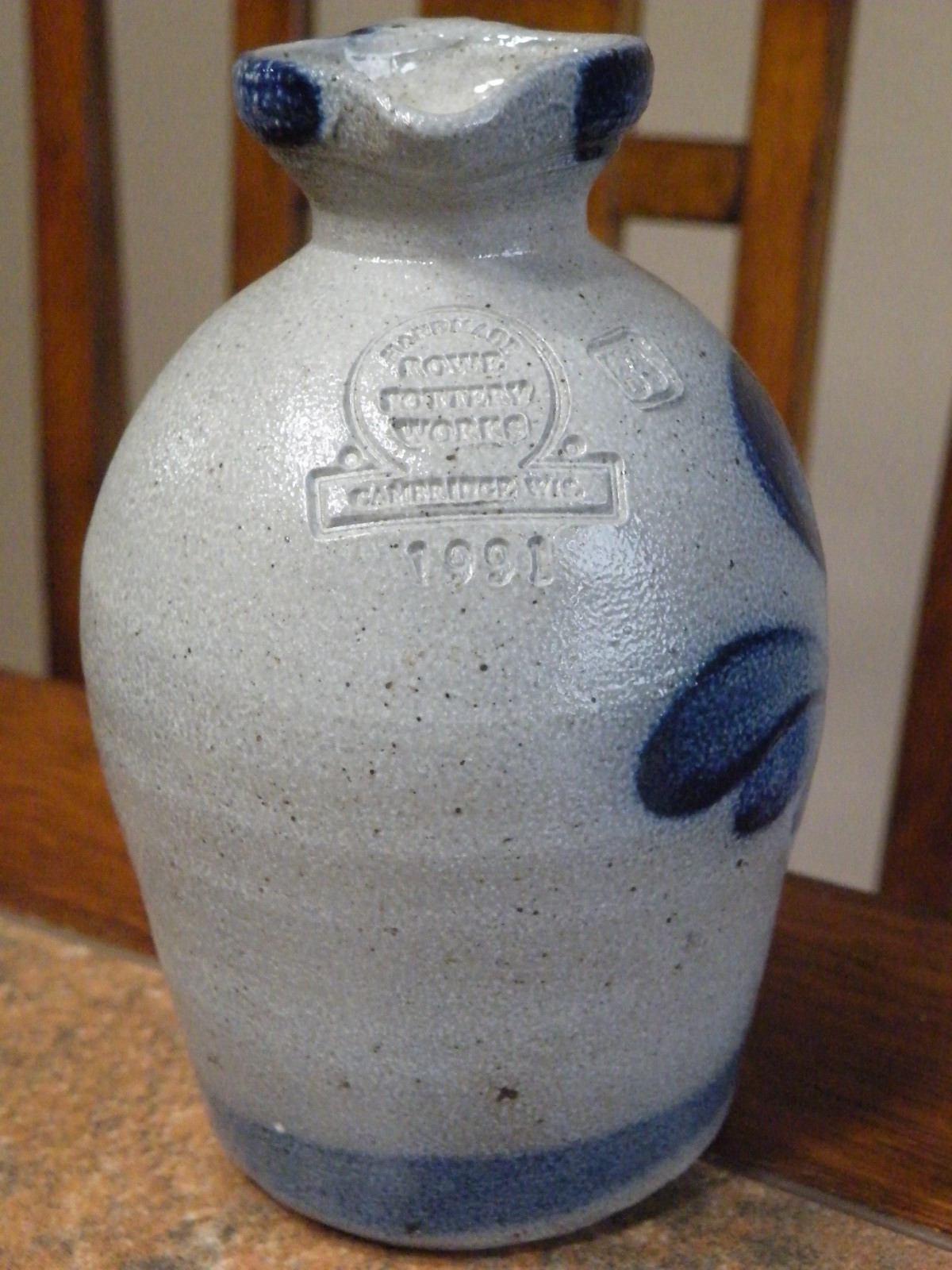 Rowe Pottery Salt Glazed BLUE HEART 4.75" Canister Crock w/ LID 1988 + Cruet 5.5