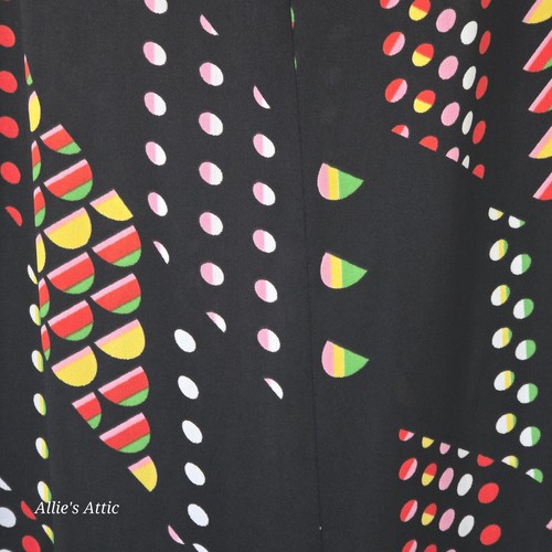 Maxi abito vintage anni 60 70 fatto a mano geometrico scollo a V nero arcobaleno a pois - Foto 3 di 12