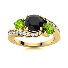 5MM Round Black Spinel  Peridot 925 Silver Gold Plated Three Stone Women Ring