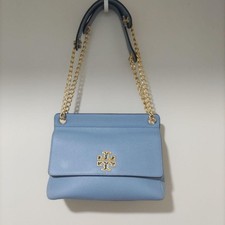 Tory Burch Leather Chain Shoulder Bag Light Blue Gold Logo Women's Small