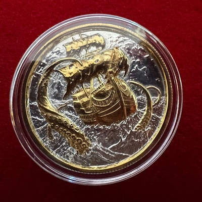 #ad 2 Troy Oz .999 Silver Privateer Series “THE KRAKEN” Polished 24K Gilding by SFS $385.00