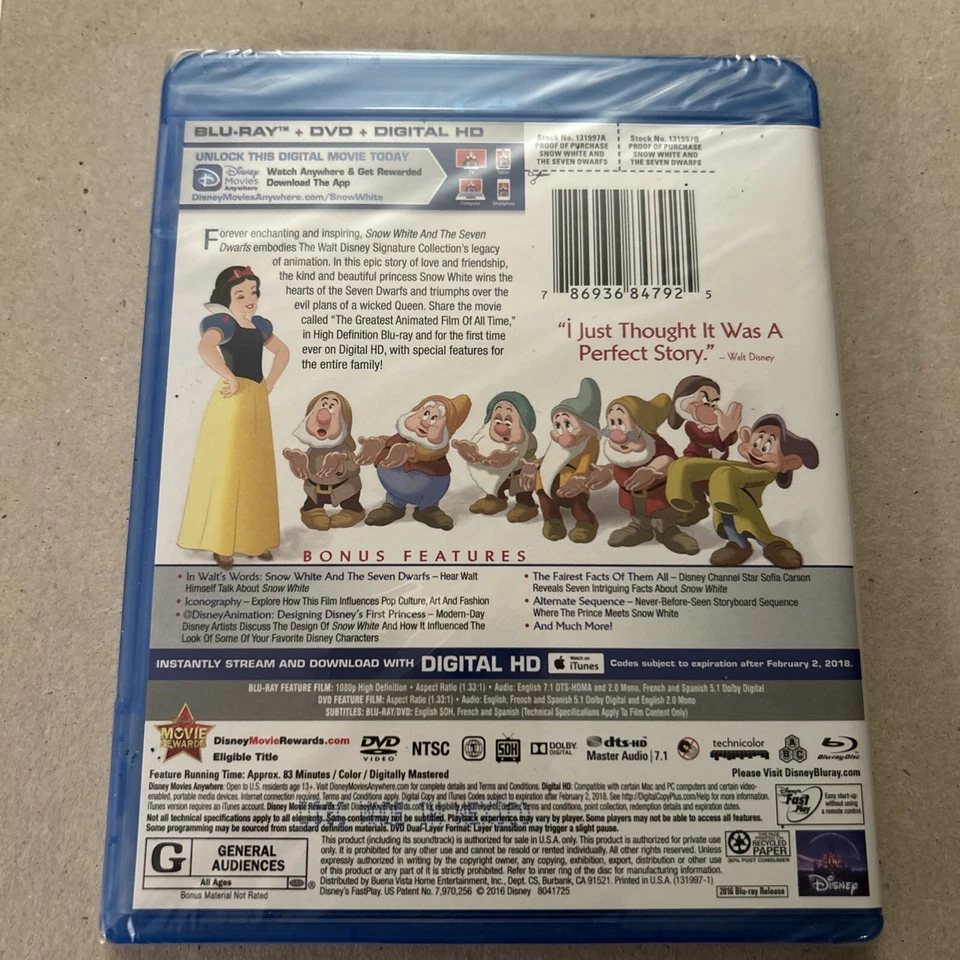 Snow White and the Seven Dwarfs Blu-ray Walt Disney With Slip Cover Brand New - Image 4 of 4