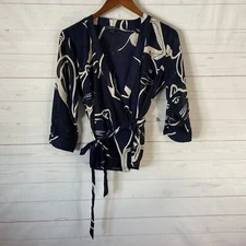 Esprit Womens 3/4 Sleeve Wrap Blouse XS Blue Print Button Cuff Polyester Belted