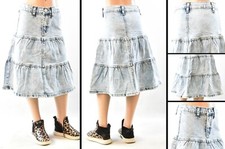 Little Girls Stretch Denim Skirt ruffle tier Calf length snow wash RK-79241